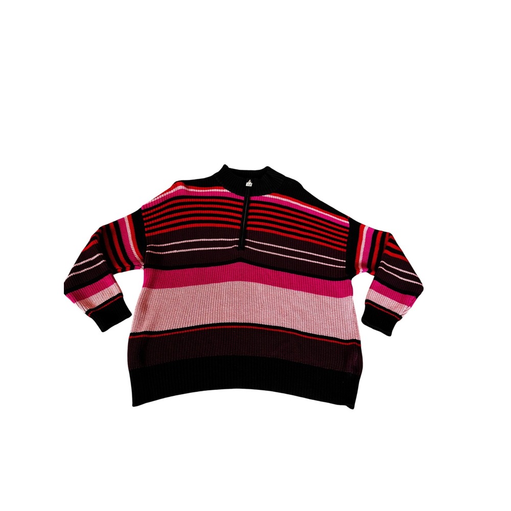 DKNY Womens Pink Red Striped Quarter Zip Ribbed Mock Neck Pullover Sweater SZ XL